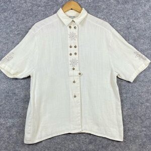 Hess Frackmann 100% Linen Floral Embroidery Lagenlook‎ Blouse Off White Size M